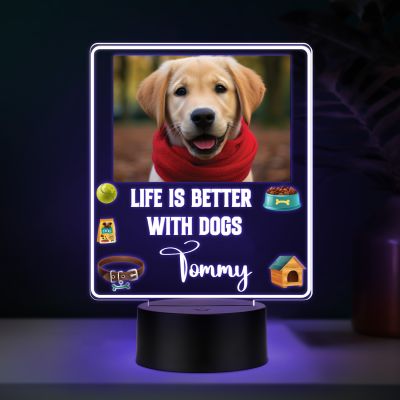 Personalized Dog Photo LED Night Lamp with Custom with Photo & Name, Life is Better with Dogs Quote, Color Changing Acrylic Light with Black Base Gift for Dog Lovers